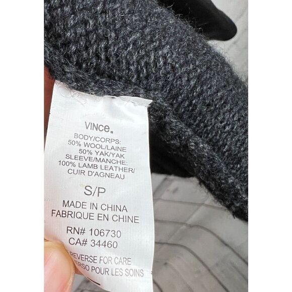 VINCE dark gray wool yak knit lamb leather sleeve open front cardigan sweater S - Picture 7 of 12